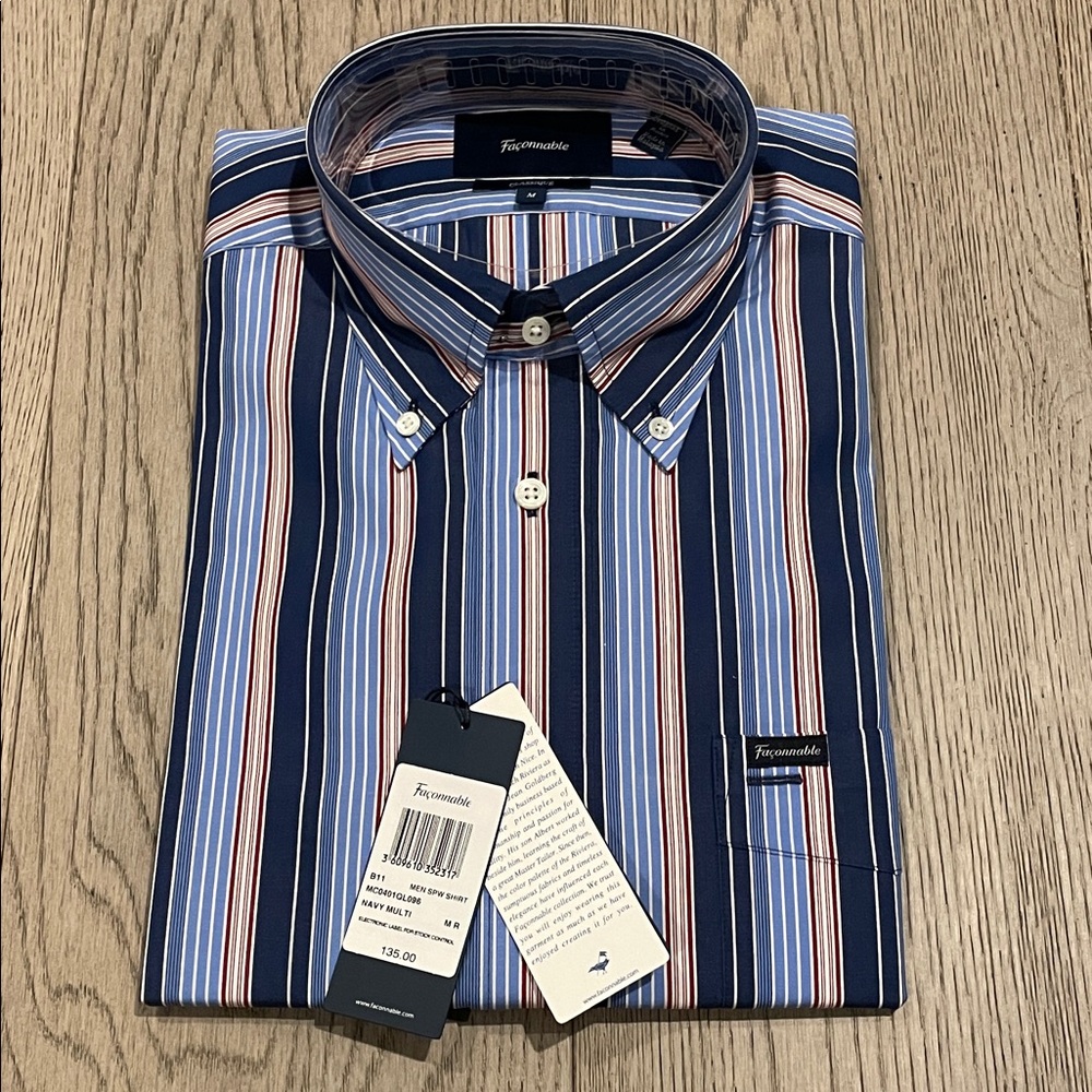 Faconnable Men's Blue and White Striped Button Down Shirt